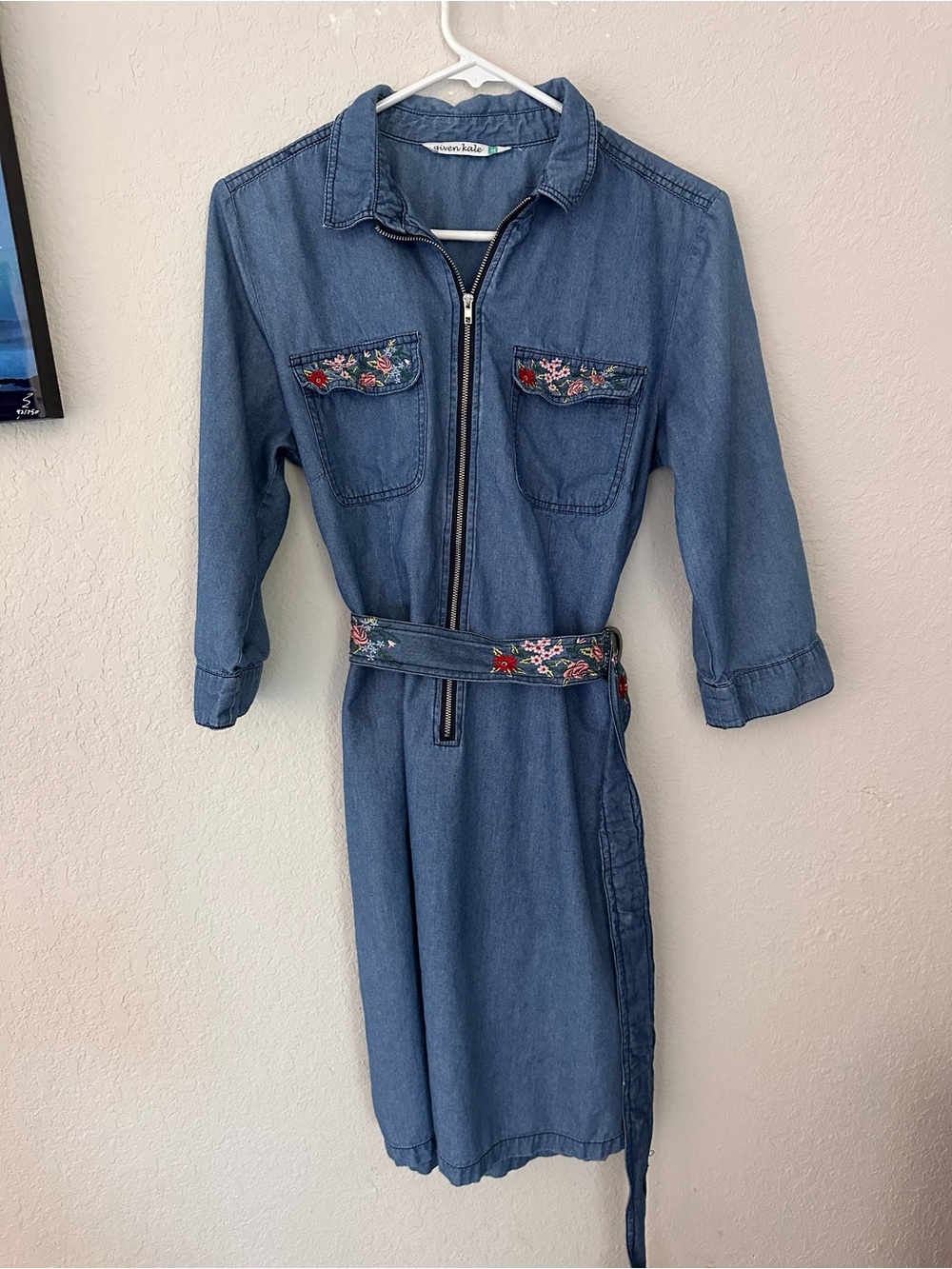 Given Kale - Embroidered Chambray Shirt Dress
